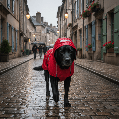 Impérméable pour chien poncho de pluie à capuche rouge labrador noir rue pavée ville sous la pluie