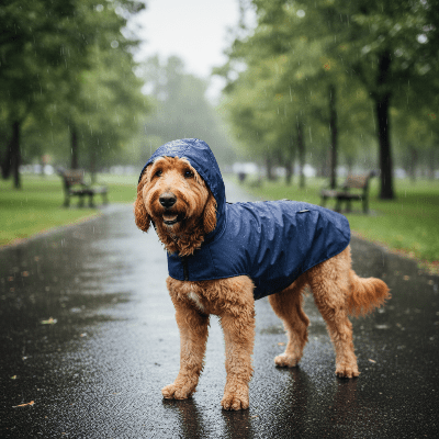 Impérméable pour chien poncho de pluie à capuche petits et moyens chiens bleu marine goldendoodle allée parc sous la pluie