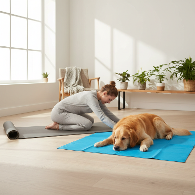Kit Yoga & Fraîcheur - Tapis pliable + tapis refroidissement chien-Yoga avec chien - tapis bleu