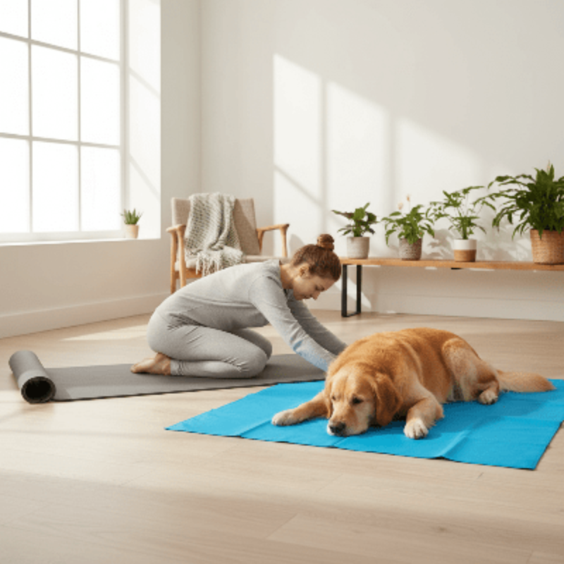 Coffret Yoga et Fraîcheur Tapis pliable + tapis refroidissement chien sur tapis bleu femme faisant du yoga intérieur