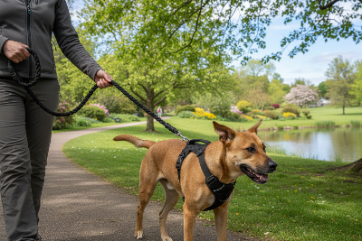 Laisse chien tressée noir - élégante résistante-en promenade-avec-son-maitre