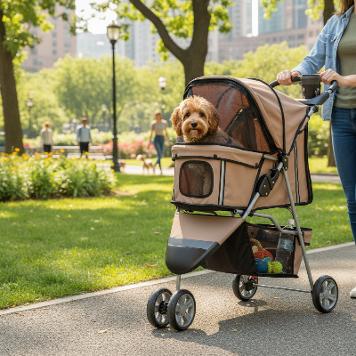 Poussettes pour chiens - chariot pliable avec porte-gobelet et panier - au royaume des chiens