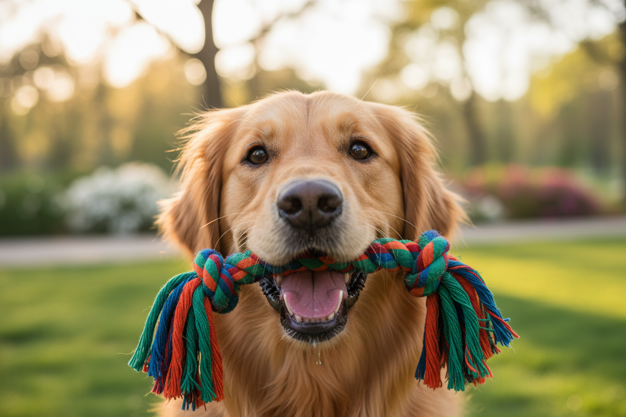 Chien super heureux jouant avec corde multicolore