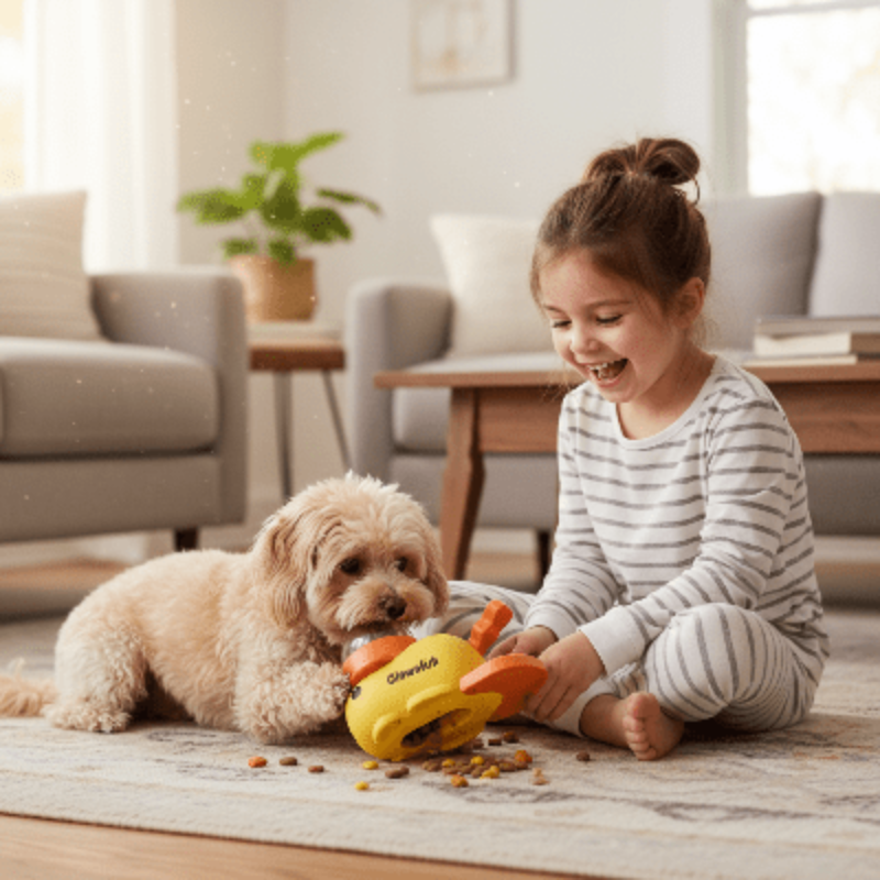 Jouet interactif pour chien - distributeur automatique de friandises - chien-joue-avec-enfant-fillette-au-salon