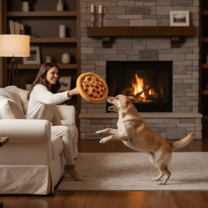 Jouet pour chien - pizza pepperoni fromage - maitresse-joue-avec-chien-assis-devant-foyer-salon
