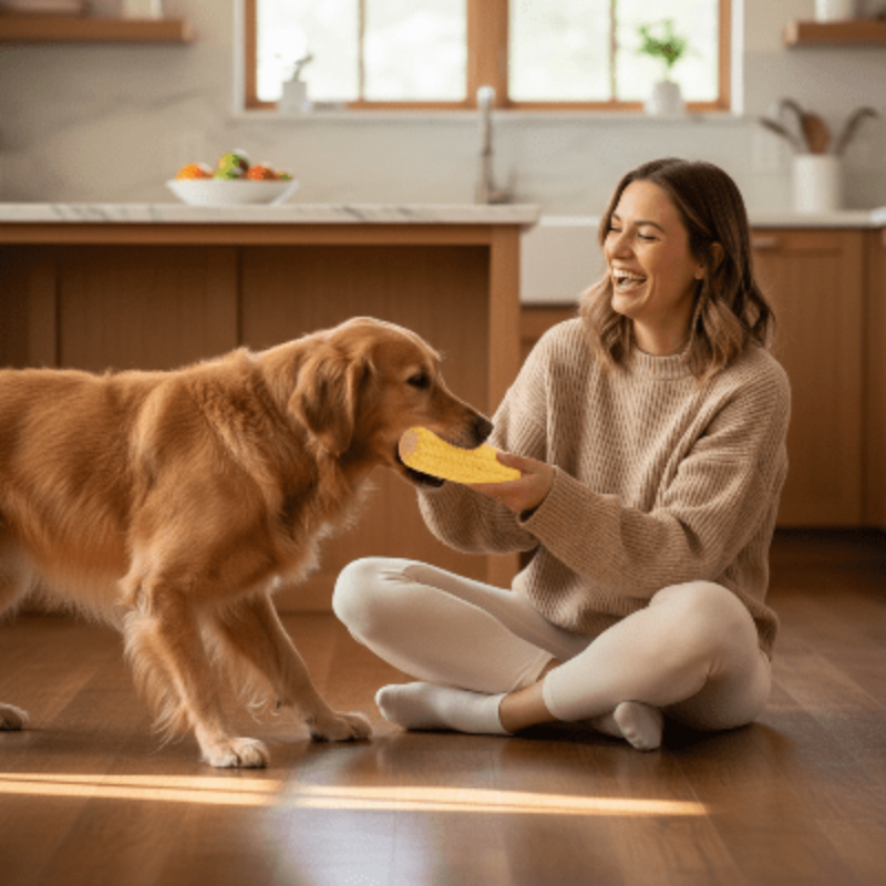 Jouet chien - épis de mais - femme-et-chien-avec-jouet-ma-s