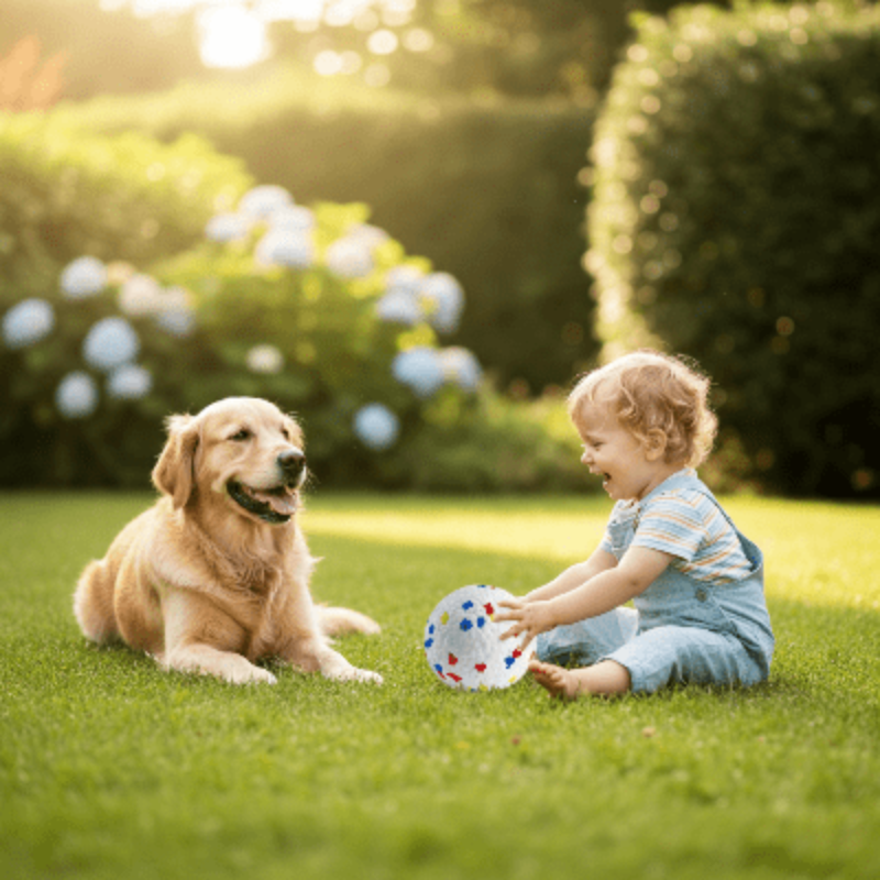 Jouet pour chien - balle - enfant-et-chien-avec-balle-multicolore