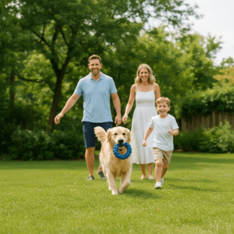 Jouet pour chien indestructible - en corde - famille-avec-chien-et-corde-bleue