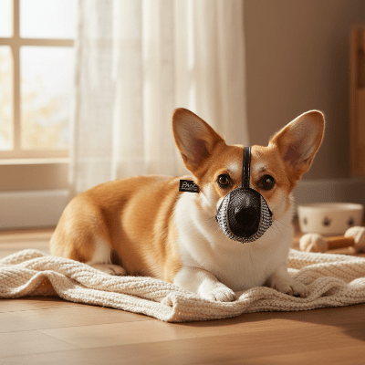 Muselière douce pour petits chiens anti-morsure respirante corgi allongé couverture tricot intérieur cosy lumière fenêtre