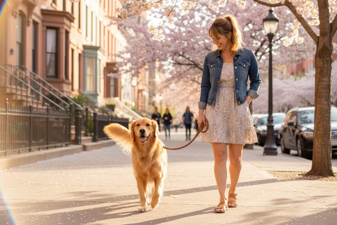 Chien en promenade en laisse sur un trottoir ensoleillé
