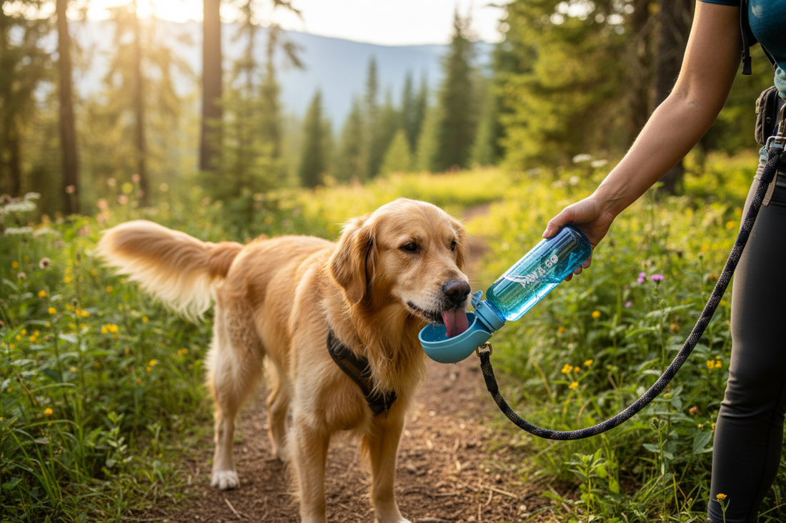 Chien qui boit à une gourde portable lors d'une balade en forêt
