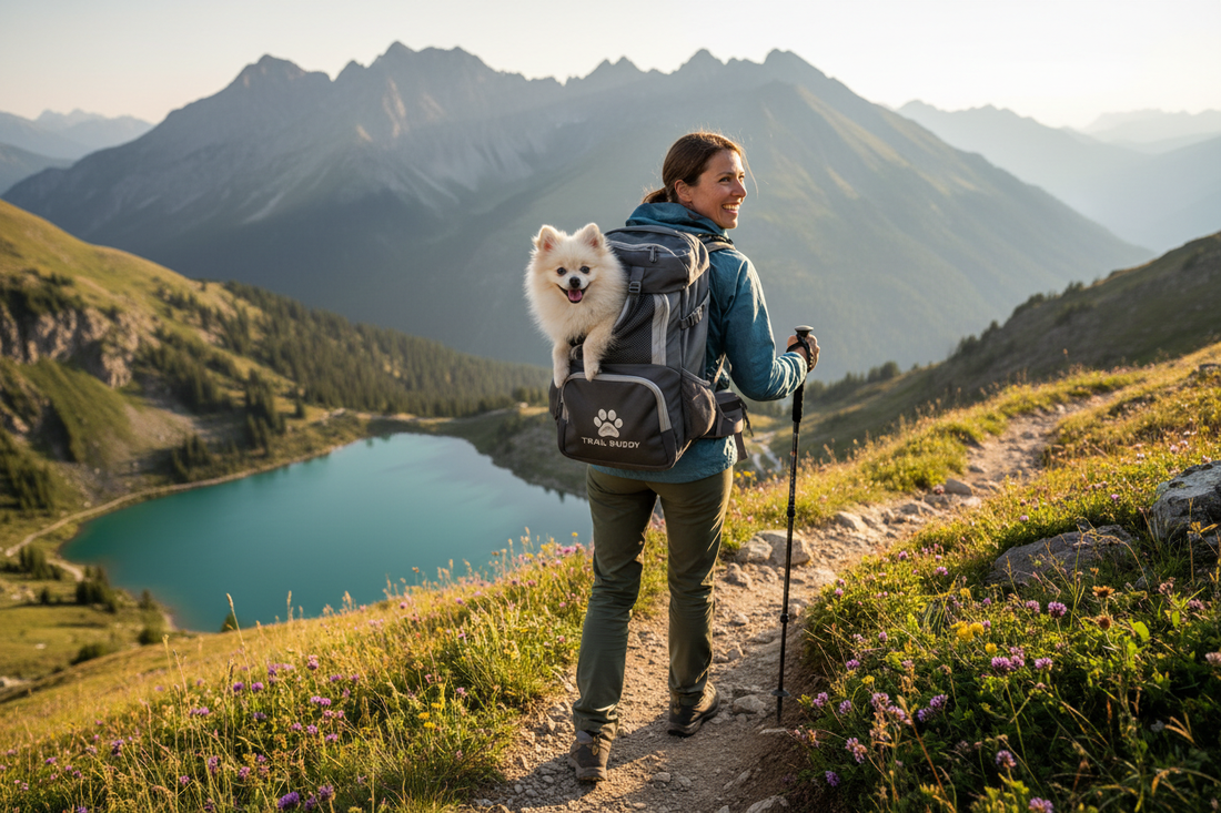 une personne en randonnée avec un sac à dos pour chien, le chien heureux à l'intérieur, dans un magnifique paysage de montagne.