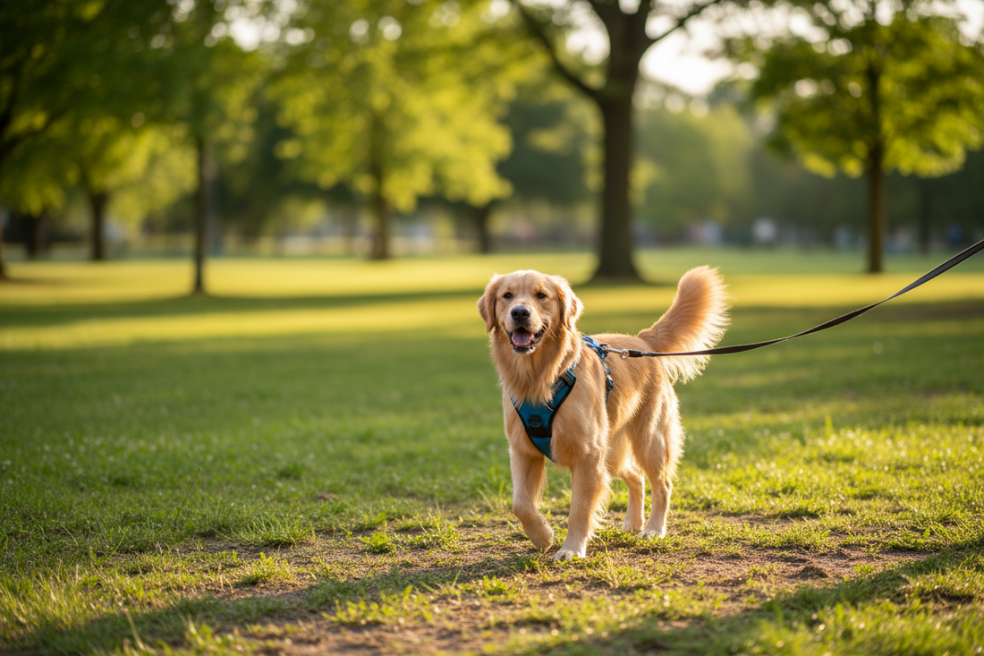 Chien en harnais lors d'une promenade dans un parc ensoleillé