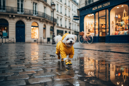 Manteau imperméable pour chien ballade dans la rue a pluie.