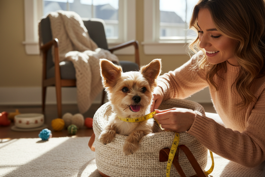 Comment choisir la bonne taille de sac de transport pour son chien-femme-mesurant-son-petit-chien