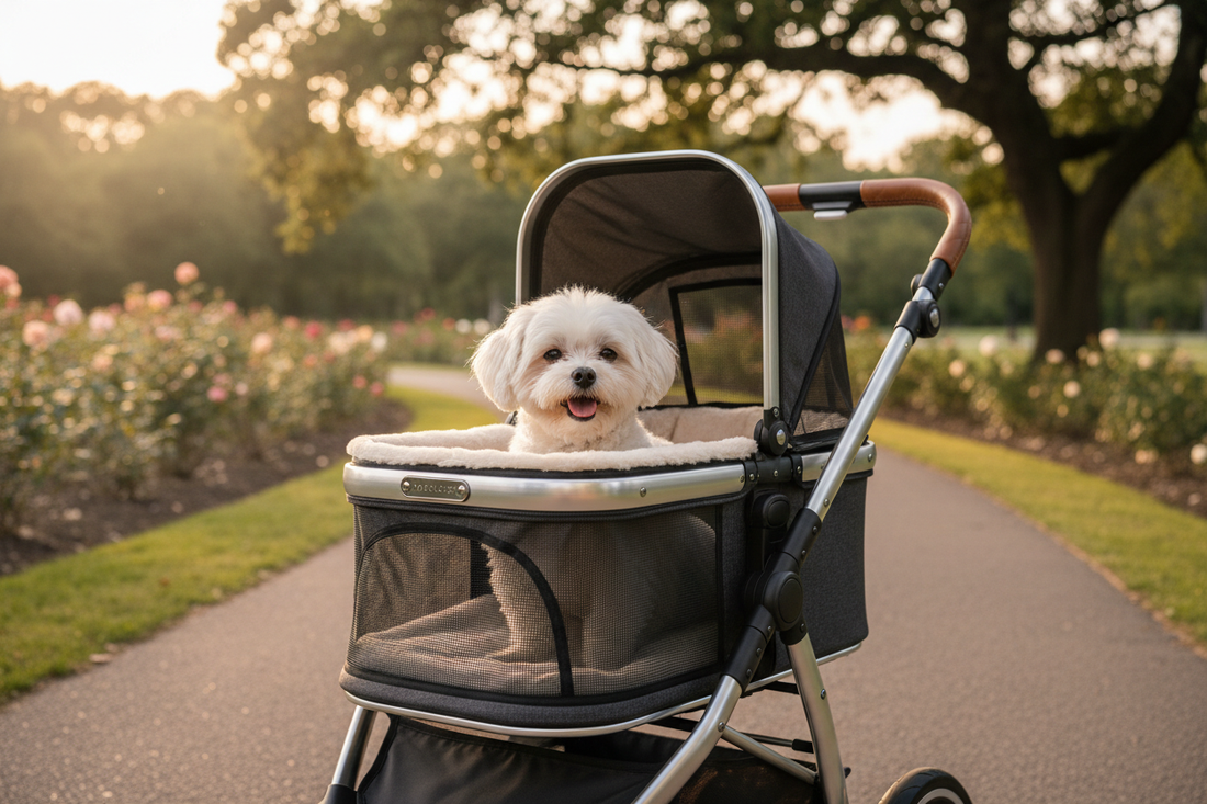  chien confortablement installé dans une poussette premium dans un cadre extérieur élégant,