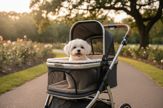  chien confortablement installé dans une poussette premium dans un cadre extérieur élégant,
