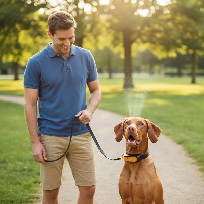 Anti-aboiement chien - spray citronnelle 2-en-1 automatique et télécommande-Chien surpris homme parc