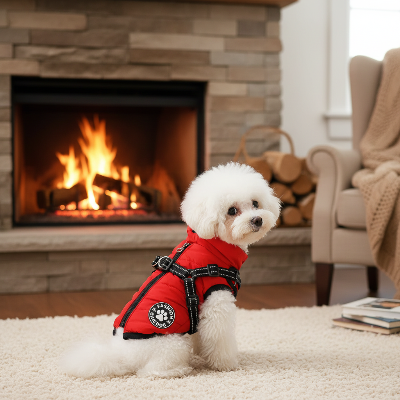 Chien manteau - avec harnais integrer chaud et coupe-vent rouge - feu
