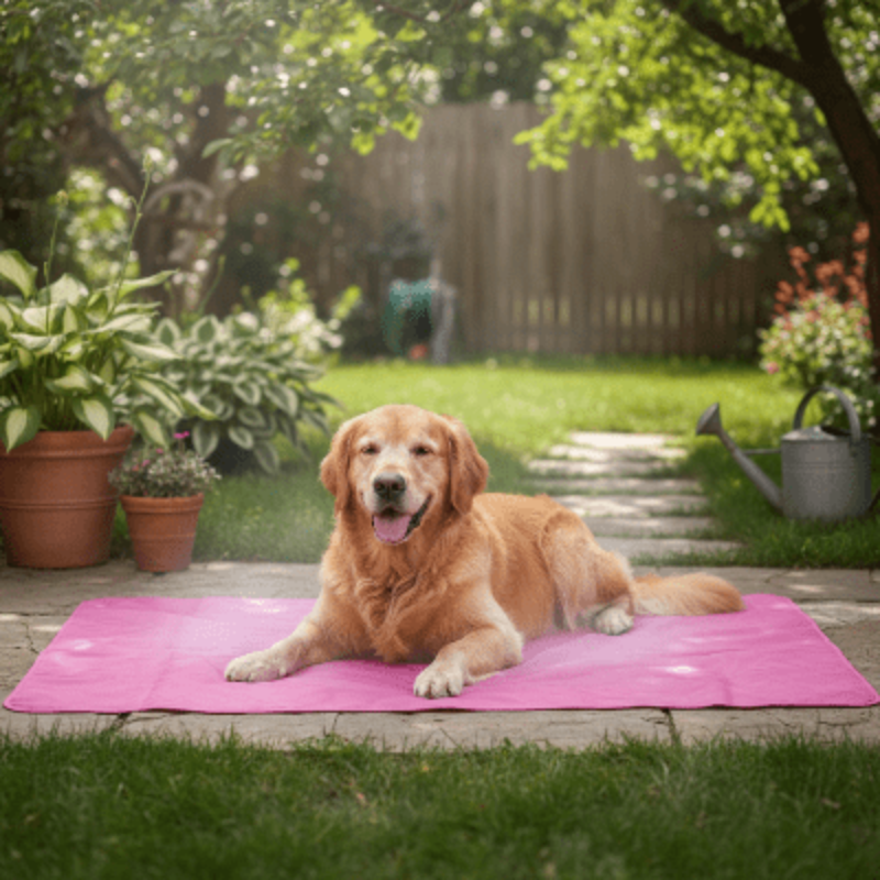 Coffret Aventure et Fraîcheur Tapis camping + lit rafraîchissant golden retriever allongé sur tapis rose au jardin