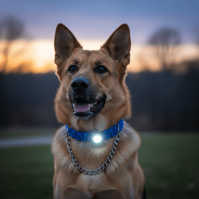 Coffret Sécurité Grande Taille - Collier Noir/Rouge + Lampe LED chien-avec-collier-bleu-et-lampe-led
