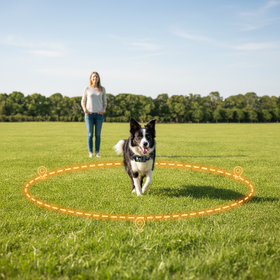 Collier GPS chien - sans fil- Border Collie libre dans un champ avec zone GPS