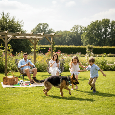 Collier GPS chien - sans fil - famille avec Berger Allemand dans le jardin