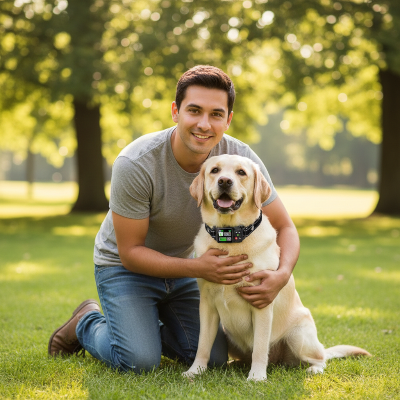 Collier GPS chien - sans fil- homme avec son Labrador, écran du collier visible