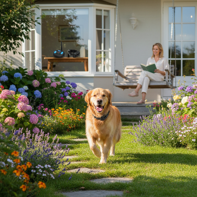 Collier anti aboiement pour chien - clôture - Golden Retriever libre dans le jardin