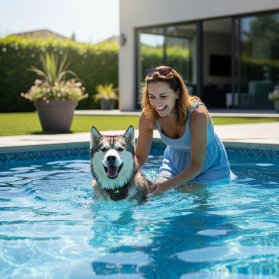 Collier anti aboiement pour chien - clôture - Husky dans la piscine, 100% waterproof