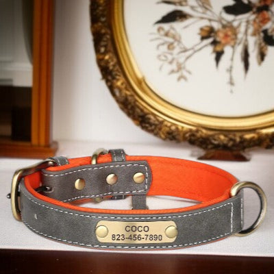 Collier-pour-chien-personnalise-en-cuir-gris-orange.