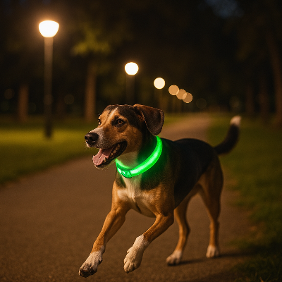 Collier pour chien lumineux batterie demonstration du collier de se qui comprends batterie le collier qui montre son anneau pour attacher et avec la boule quon voit dans la nuit