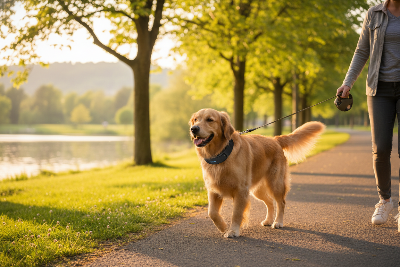 Collier-Anti-Aboiement-pour-Chien - Vibration-et-son- Rechargeable-chien-heureux-en-promenade-avec-son-maitre 