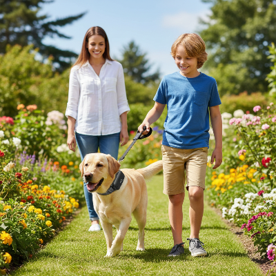 Collier anti aboiement -  pour chien avec Télécommande 600m-Enfant promenant un labrador avec collier télécommande