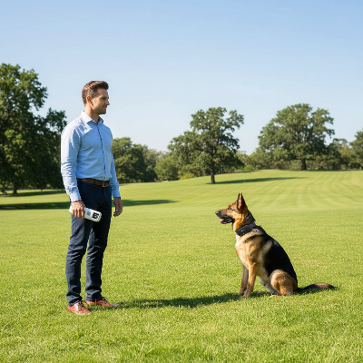 Collier anti aboiement -  pour chien avec Télécommande 600m-Homme dans un parc avec télécommande et berger allemand