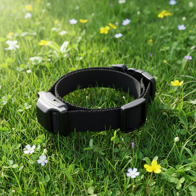 Collier anti aboiement chien -  vibration et bip sans choc-Collier sur herbe verte avec fleurs -sauvages-pas -de-choc