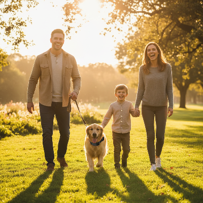 Collier anti aboiement chien -  vibration et bip sans choc-Famille en promenade avec leur chien