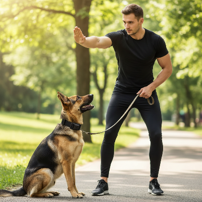 Collier anti aboiement chien -  vibration et bip sans choc-Homme entraînant son berger allemand