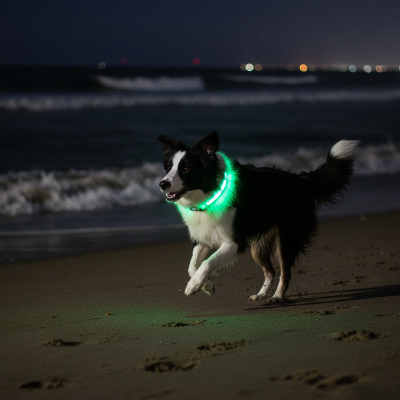 Collier chien lumineux - LED sécurité nocturne-Collier vert - Border Collie plage