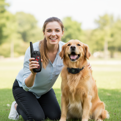 Collier de dressage chien -2 en 1 télécommande 500m et anti-aboiement-Femme avec chien qui jappe