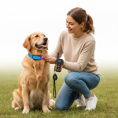 Collier de dressage chien -sans choc vibration 1000m étanche-Femme avec Golden Retriever - collier -bleu