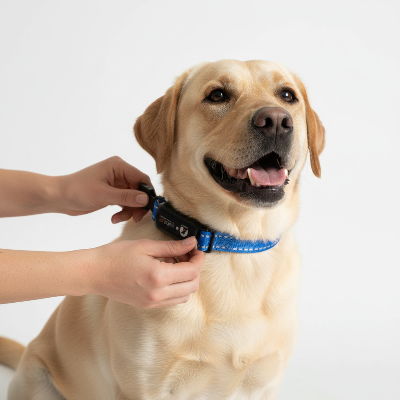 Collier de dressage chien -sans choc vibration 1000m étanche-Gros plan - pose du collier bleu