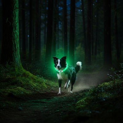 Collier pour Chien - USB Lumineux Rechargeable-Border collie vert en forêt la nuit