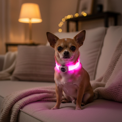 Collier pour Chien - USB Lumineux Rechargeable-Chihuahua rose sur canapé