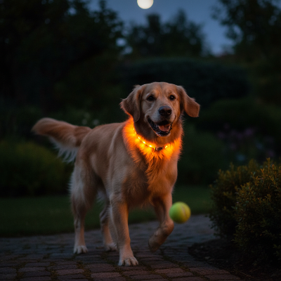 Collier pour Chien - USB Lumineux Rechargeable-Golden retriever orange dans jardin nocturne