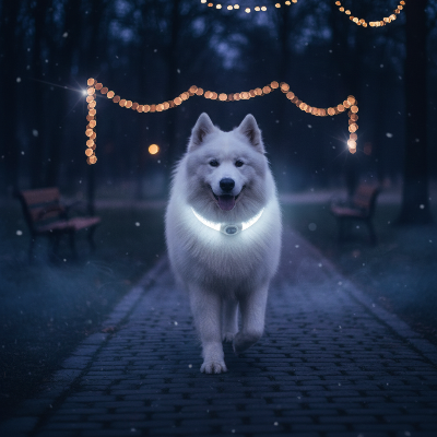Collier pour Chien - USB Lumineux Rechargeable-Samoyed blanc dans un parc la nuit