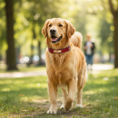 Collier pour chien - personnalisé en cuir-Golden retriever au parc