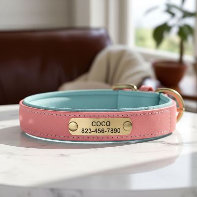 Collier pour chien - personnalisé en cuir-Gros plan plaque gravée sur marbre