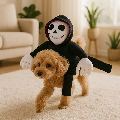 Costume-pour-chien-Cavalier-de-la-mort-caniche-brun-porte-costume