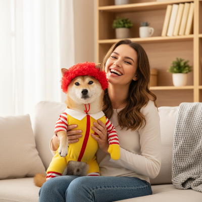 Costume Halloween pour chien - McDonald-Femme avec chien McDonald